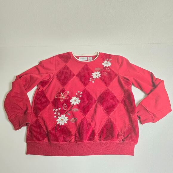 Alfred Dunner Vintage Cherry Red Floral Mixed Media Holiday Sweater size Small - Picture 1 of 8